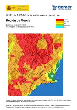 El nivel de riesgo de incendio forestal este viernes es extremo o muy alto en la mayor parte de la Región de Murcia