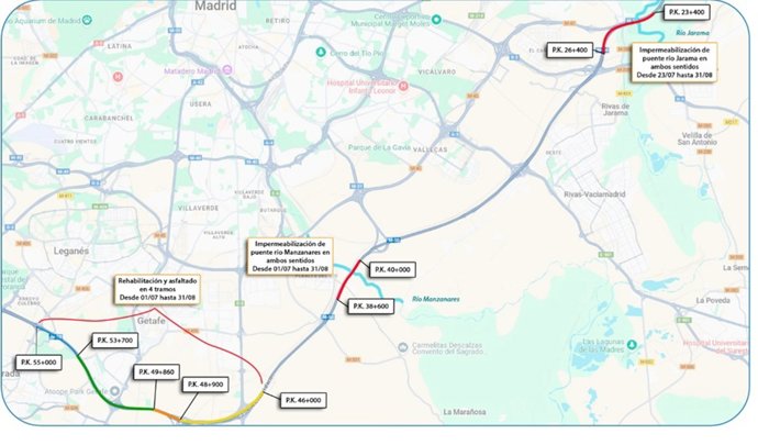 Cortes de tráfico en verano en la Comunidad por obras: M-50, ramal de acceso de M-40 A A-4, A-42 y M-607
