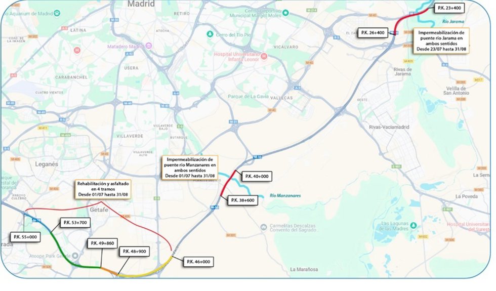 Cortes de tráfico en verano en la Comunidad por obras: M-50, ramal de acceso de M-40 A A-4, A-42 y M-607