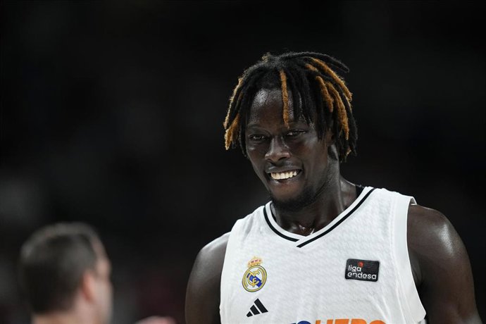 Eli John Ndiaye of Real Madrid looks on during the Spanish League, Semi-Final second leg of Liga ACB Endesa, basketball match played between Real Madrid and Unicaja Baloncesto at Movistar Arena pavilion on June 13, 2025 in Madrid, Spain.
