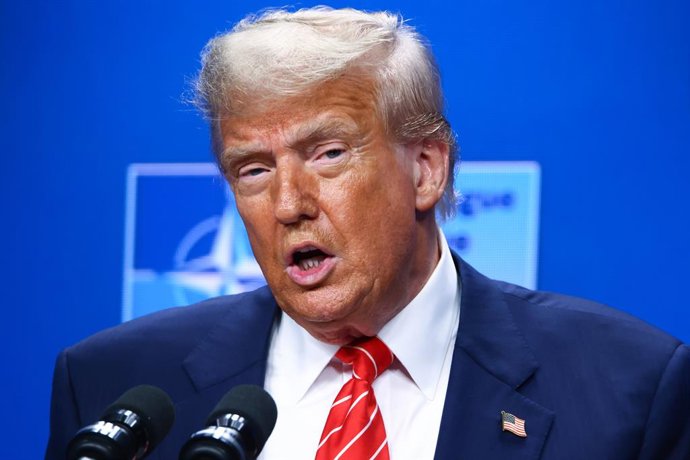 25 June 2025, Netherlands, The Hague: US President Donald Trump gives a press conference following the NATO summit in the Hauge. Photo: Beata Zawrzel/ZUMA Press Wire/dpa