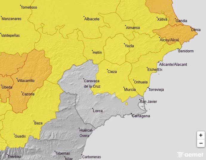 Mapa que muestra los avisos por fenómenos meteorológicos activos