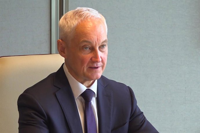 CHINA, QINGDAO - JUNE 26, 2025: Andrei Belousov, Defence Minister of Russia, attends a meeting with his Indian counterpart Rajnath Singh on the sidelines of the SCO (Shanghai Cooperation Organisation) Meeting of Defence Ministers. Video screen grab. Best 