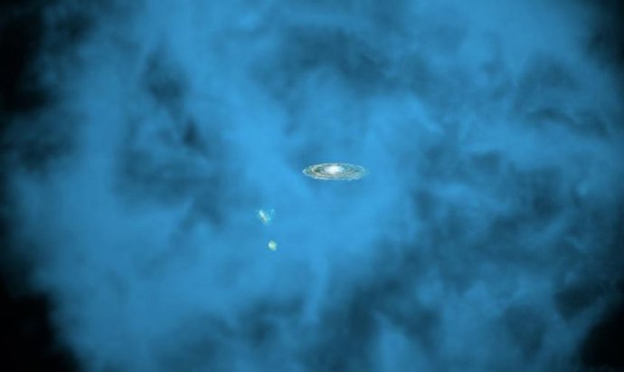 Archivo - Representación artística de nuestra Vía Láctea y sus pequeñas galaxias compañeras rodeadas por un halo gigante de gas a millones de grados.