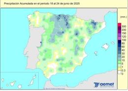 Precipitacones hasta el 26 de junio en España.