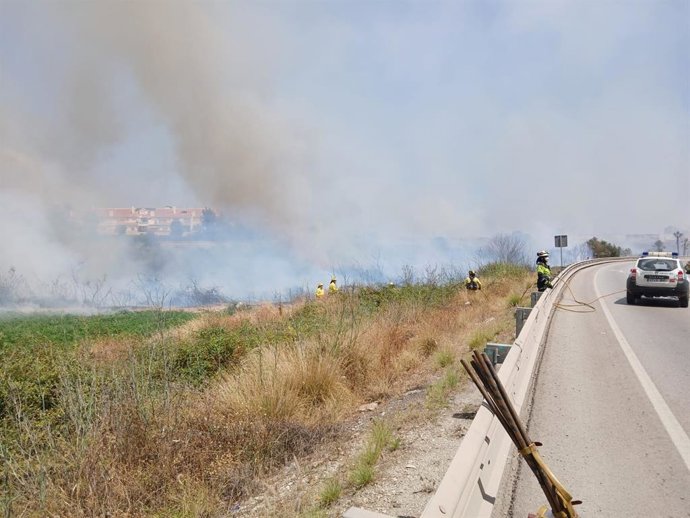 Estabilizado un incendio forestal originado por un coche en llamas en la avenida Juan Carlos I de Vélez-Málaga.