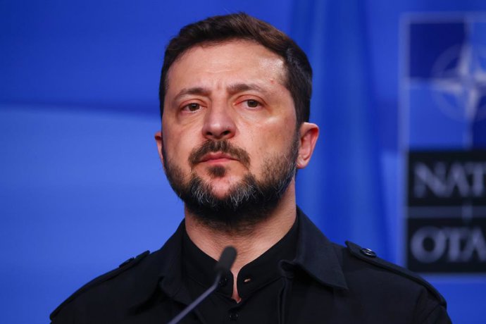 24 de junho de 2025, Haia, Holanda: O presidente da Ucrânia, Volodymyr Zelenskyy, participa de uma reunião entre o secretário-geral da OTAN, a União Europeia e a Ucrânia durante a 76ª Cúpula da OTAN no Fórum Mundial em Haia, Holanda, em 24 de junho de 202