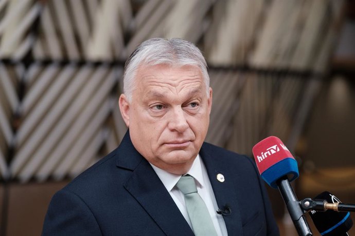 HANDOUT - 26 June 2025, Belgium, Brussels: Hungarian Prime Minister Viktor Orban speaks to media as he arrives to attend the European Council meeting on the ongoing developments in Ukraine and the Middle East. Photo: Sophie Hugon/EU Council/dpa - ATTENTIO