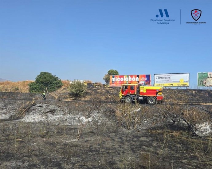 Tareas de lucha contra un incendio forestal en Vélez-Málaga ocasionado por un coche en llamas en la avenida Juan Carlos I.