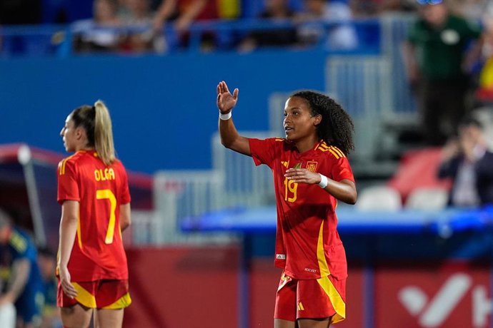 Vicky Lopez of Spain celebrates a goal during the Women's International Friendly, football match played between Spain and Japan at Butarque stadium on June 27, 2025, in Leganes, Madrid, Spain.