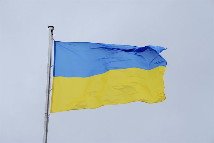 16 de junho de 2025, Viena, Viena, Áustria: A bandeira ucraniana é vista pouco antes da visita de VOLODYMYR ZELENSKYY em Viena.