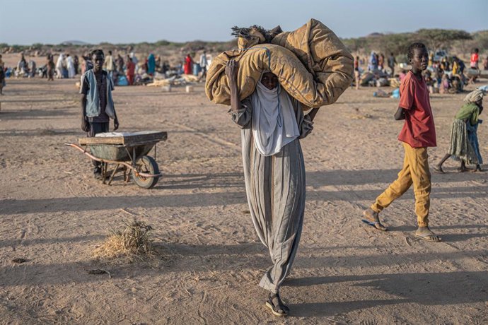 TINE, June 28, 2025  -- A Sudanese refugee relocated from the eastern Chadian city of Tine, carries the luggage in Iridimi, Chad, June 25, 2025. According to the United Nations, one in three Sudanese have been displaced. Of those, 3.8 million have crossed