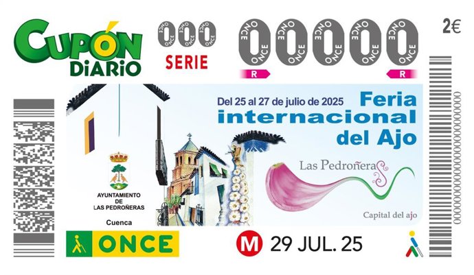 Modelo del cupón del próximo 29 de julio en honor a la Feria Internacional del Ajo de Las Pedroñeras (Cuenca).