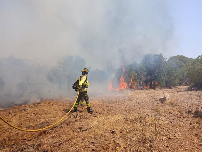Operario de Infoca lucha contra el incendio forestal en Villablanca.