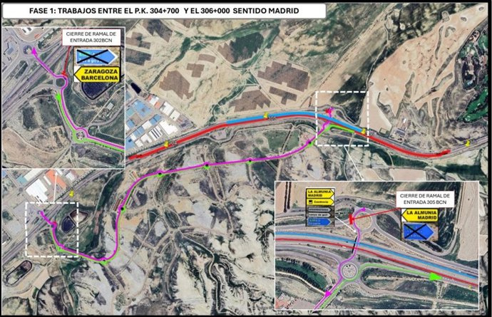 Mapa de los tramos cortados  y las vías alternativas en la fase 1 de las obras de mejora del firme de la A-2 entre Zaragoza y La Muela.