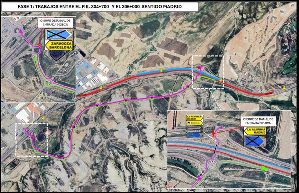 Mapa de los tramos cortados y las vías alternativas en la fase 1 de las obras de mejora del firme de la A-2 entre Zaragoza y La Muela.