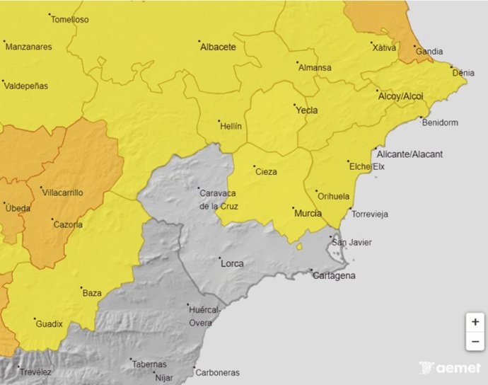 Mapa alertas temperaturas en la Región de Murcia este lunes, 30 de junio 2025