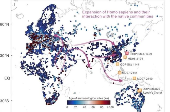 História do fogo na Europa, Leste Asiático, Sudeste Asiático e Papua Nova Guiné-Austrália e distribuição etária de sítios arqueológicos desde os últimos 300.000 anos.