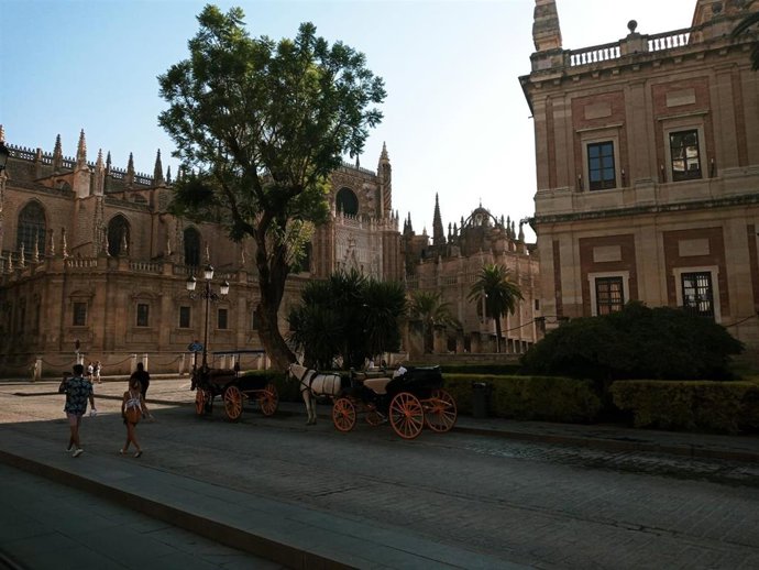 Archivo - Parada de coches de caballos junto al Archivo de Indias.