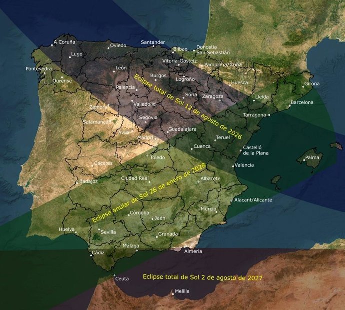 Instituto Geográfico Nacional lanza una web dedicada a los 3 eclipses que serán visibles en España en 2026, 2027 y 2028