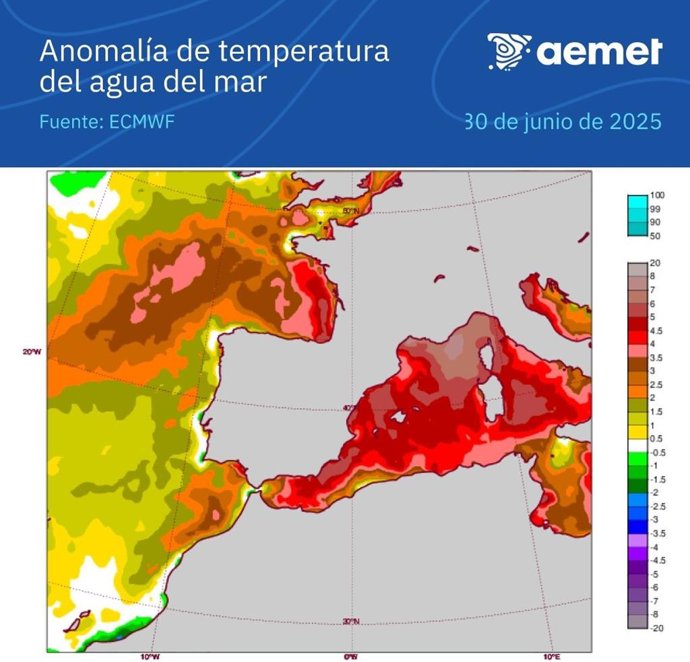 Las aguas del Mediterráneo occidental alcanzan los 30ºC, entre 5 y 6 °C superiores a los de esta época del año.