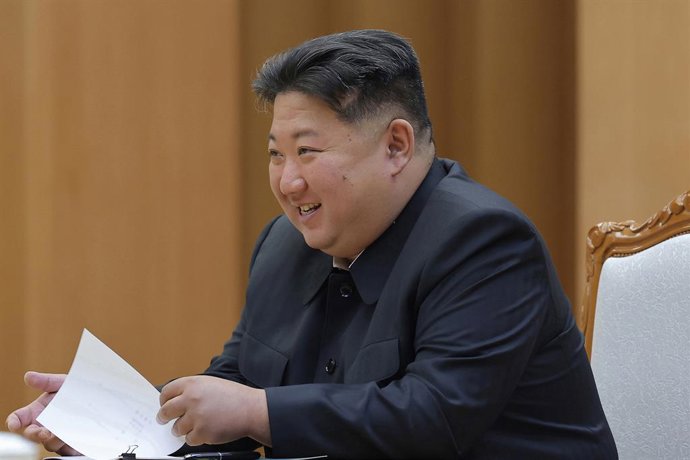 HANDOUT - 17 June 2025, North Korea, Pyongyang: A photo provided by North Korea's state news agency KCNA on June 18, 2025, shows North Korean leader Kim Jong-un speaking with Russia's Security Council Secretary Sergei Shoigu (not pictured) in Pyongyang. P