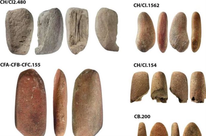 Los siete retocadores de ocre de las capas MSA de la BBC. Los números de artefacto aparecen en la esquina superior izquierda de cada imagen.
