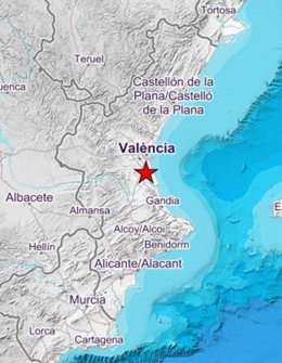 Mapa mostrando o terremoto de magnitude 2,7 registrado na cidade valenciana de Almussafes.