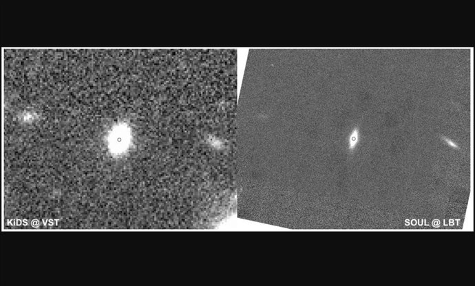 A galáxia relíquia Kids J0842+0059, observada com o VST como parte da pesquisa Kids (esquerda) e com o Large Binocular Telescope (direita).