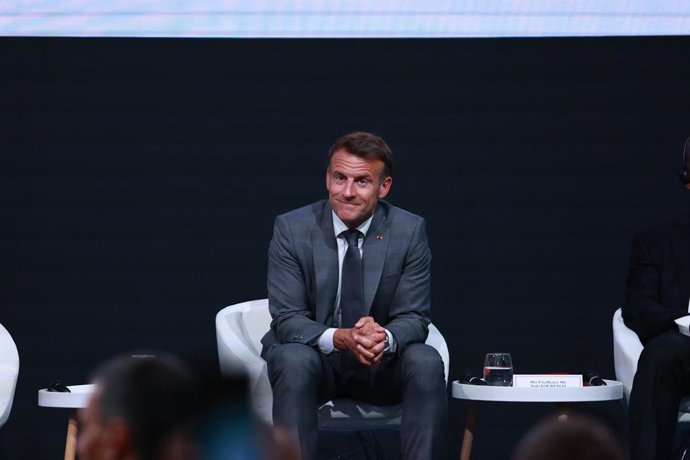 El presidente de la República Francesa, Emmanuel Macron,  durante su intervención. A 30 de junio de 2025 en Sevilla, Andalucía (España). El presidente de la República Francesa, Emmanuel Macron, participa con una intervención destacada en el marco de la IV