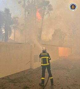Un bombero del Consorcio Provincial interviniendo en el incendio declarado cerca de la carretera del Molino Viejo en Chiclana.