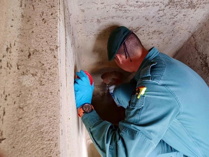 Un agente de la Guardia Civil investiga el acuifero afectado.