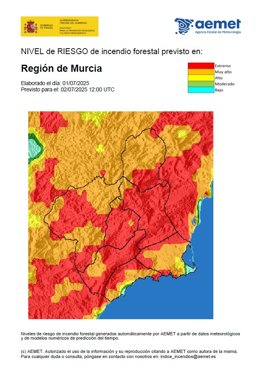 Mapa riesgo de incendio en la Región de Murcia
