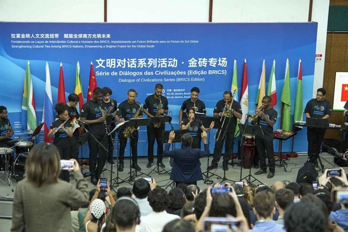 Brazil's Copacabana Fort Orchestra performs musical hits in BRICS countries during the BRICS Edition of the Dialogue of Civilizations Series on Friday at Rio de Janeiro State University.