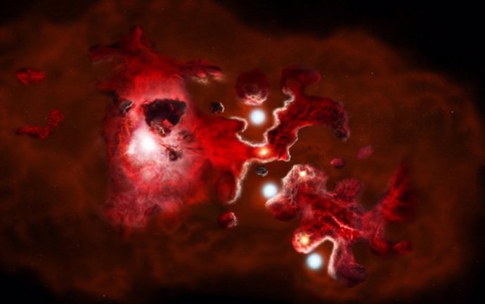 Esta impresión artística muestra la formación de una galaxia del universo primitivo, con cúmulos de galaxias formadoras de estrellas, con el gas de carbono en rojo y el polvo oscuro en negro