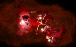 Esta impresión artística muestra la formación de una galaxia del universo primitivo, con cúmulos de galaxias formadoras de estrellas, con el gas de carbono en rojo y el polvo oscuro en negro