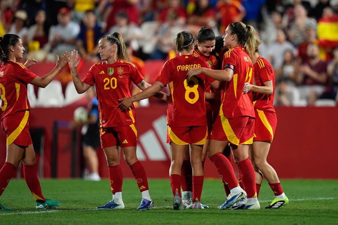 Vicky Lopez of Spain celebrates a goal with teammates during the Women's International Friendly, football match played between Spain and Japan at Butarque stadium on June 27, 2025, in Leganes, Madrid, Spain.
