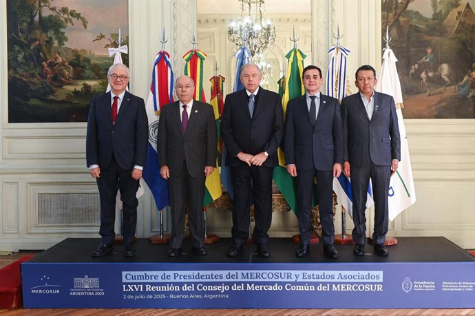 Representantes de los países de Mercosur en la LXVI Reunión Ordinaria del Consejo del Mercado Común (CMC), en el Palacio San Martín (Buenos Aires).