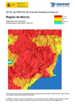 Mapa riesgo incendio en la Región de Murcia este jueves, 3 de julio 2025