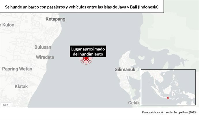 Aumentan a 4 los muertos tras hundirse un barco con pasajeros y vehículos entre las islas de Java y Bali (Indonesia). El balance de muertos a causa del hundimiento de un barco con decenas de pasajeros y vehículos que cubría la ruta entre las islas indones