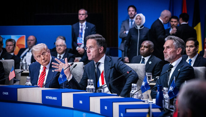HANDOUT - 25 June 2025, Netherlands, The Hague: (L-R) US President Donald Trump, NATO Secretary General Mark Rutte, and Netherlands' Prime Minister Dick Schoof, attend the meeting of the North Atlantic Council (NAC) at the NATO summit in the Hauge. Photo: