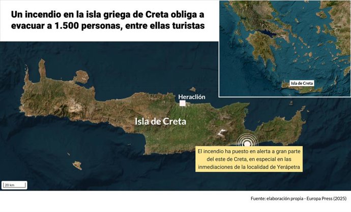 Mapa de situación del incendio de Creta. Unas 1.500 personas, tanto vecinos de la zona como turistas, han sido evacuadas en las últimas horas en la isla griega de Creta ante un voraz incendio que los servicios de emergencia no dan aún por controlado, pese