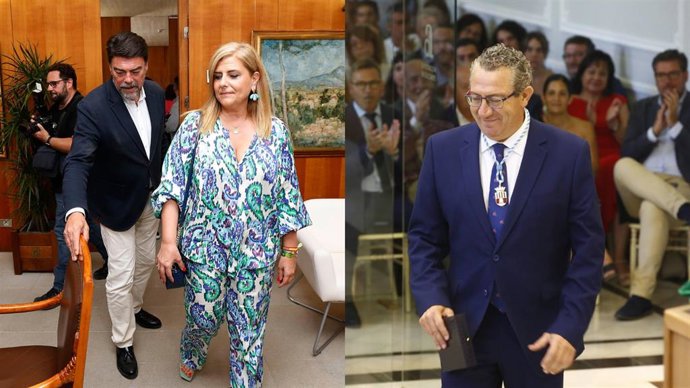 En la imagen de la izquierda, el alcalde de Alicante, Luis Barcala, junto a la portavoz de Vox en el Ayuntamiento de la ciudad, Carmen Robledillo. En la imagen de la derecha, el presidente de la Diputación de Alicante, Toni Pérez