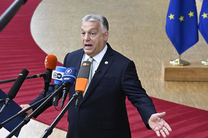 June 26, 2025: Viktor Orbán, Prime Minister of Hungary speaks to the media on arrival at the EU leadersâ€ summit in Brussels, Belgium, 26.06.2025. Leaders meet to address defense spending, energy transition, the Middle East crisis, and a green policy disp