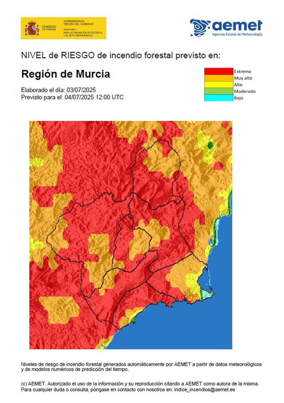 El nivel de riesgo de incendio forestal previsto para este viernes es extremo en prácticamente toda la Región
