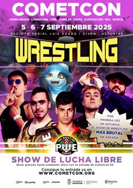 Cartel de la CometCon que anuncia los combates organizados por la PWE (Pro Wrestling Euskadi) en Gijón.