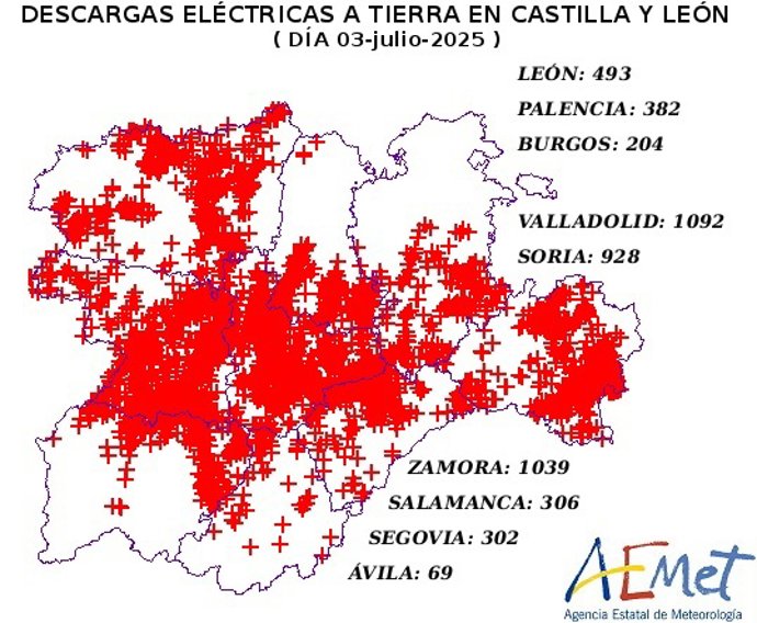 Mapa elaborado por la Aemet con datos sobre las descargas eléctricas caídas en CyL en la jornada del jueves 3 de julio