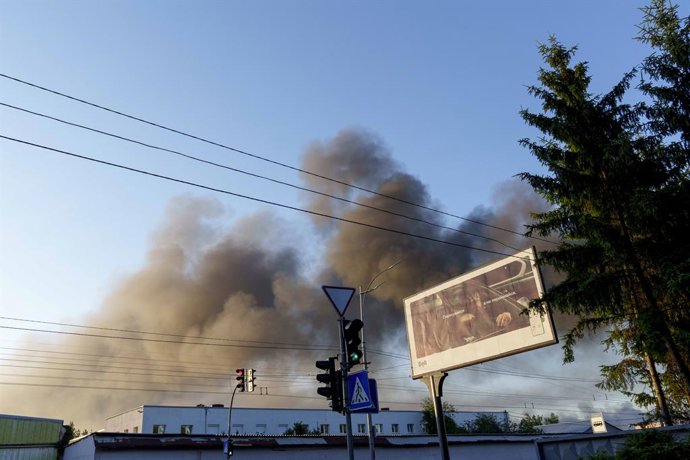 July 4, 2025, Kyiv, Kyiv City, Ukraine: Smoke rising after a Russian drone and missile attack on Ukraineâ€s capital Kyiv.