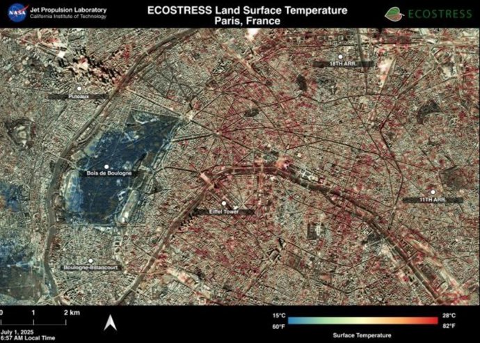 El instrumento ECOSTRESS capta París durante la ola de calor entre junio y julio de 2025 en Europa