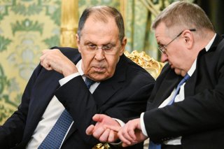 RUSSIA, MOSCOW - JULY 2, 2025: Russia's Foreign Minister Sergei Lavrov (L) amd Deputy Prime Minister Alexei Overchuk are seen during a meeting between Russia's President Vladimir Putin and Kyrgyzstan's President Sadyr Japarov at the Moscow Kremlin